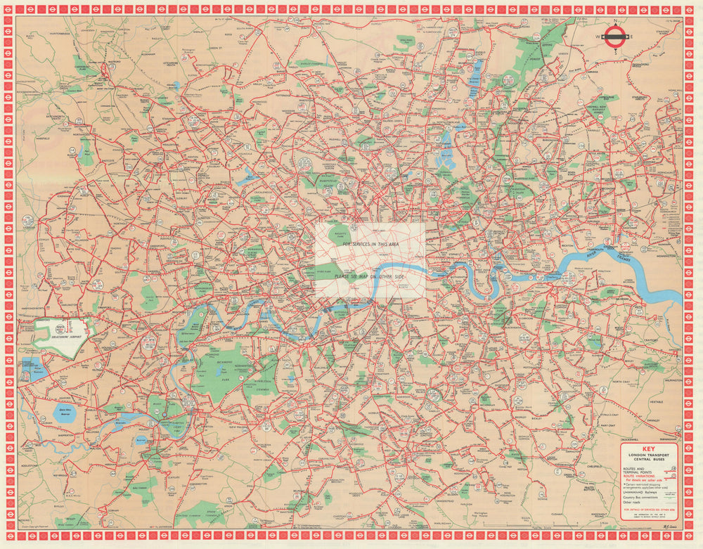 London Transport Central Buses map and list of routes. LEWIS 1968 old