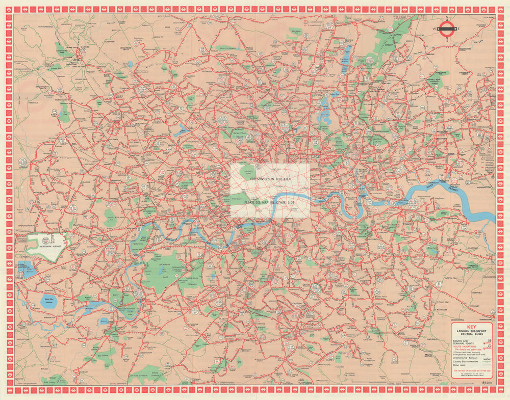 London Transport Central Buses map and list of routes. LEWIS #1 1968 old