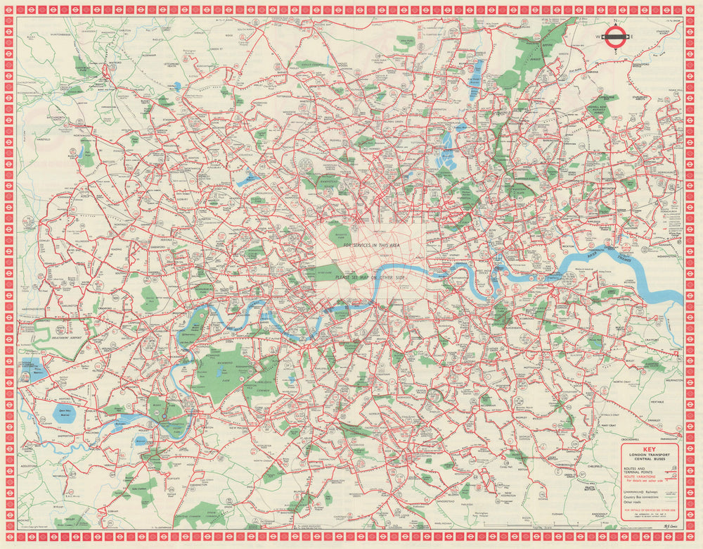 London Transport Central Buses map and list of routes. LEWIS #2 1969 old