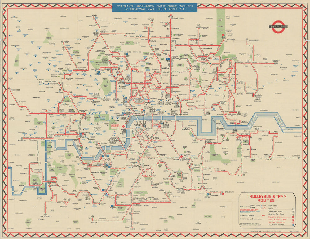 London Transport Trolleybus & Tram map of Routes. ELSTON. #1 1947 old