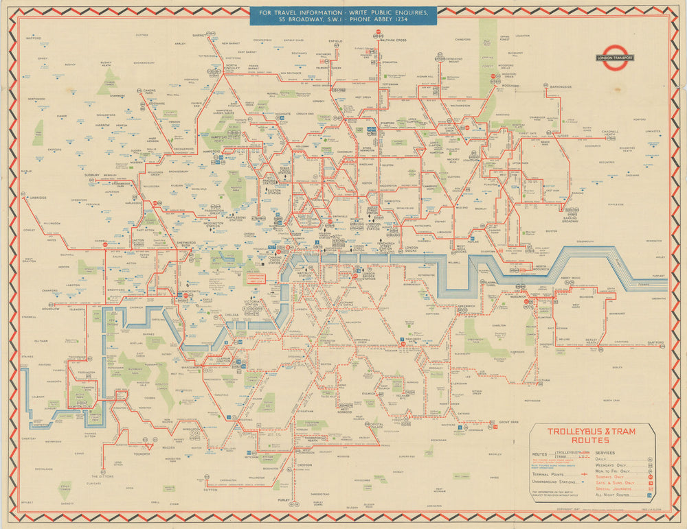 London Transport Trolleybus & Tram map of Routes. ELSTON. #2 1947 old