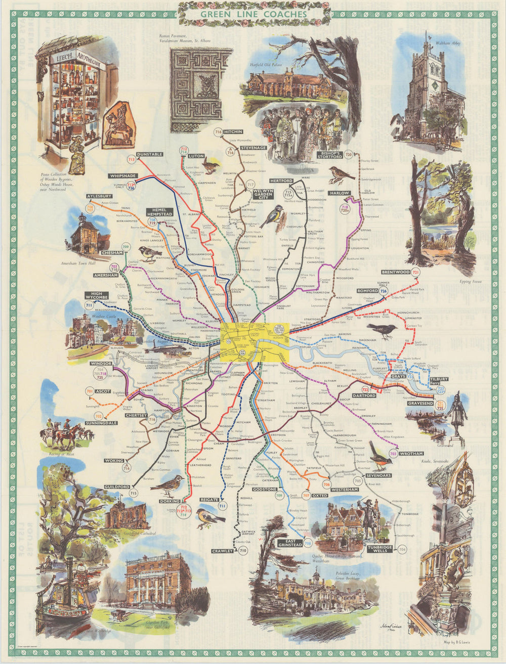 London Transport Green Line Coach Routes. LEWIS #1 1964 old vintage map chart
