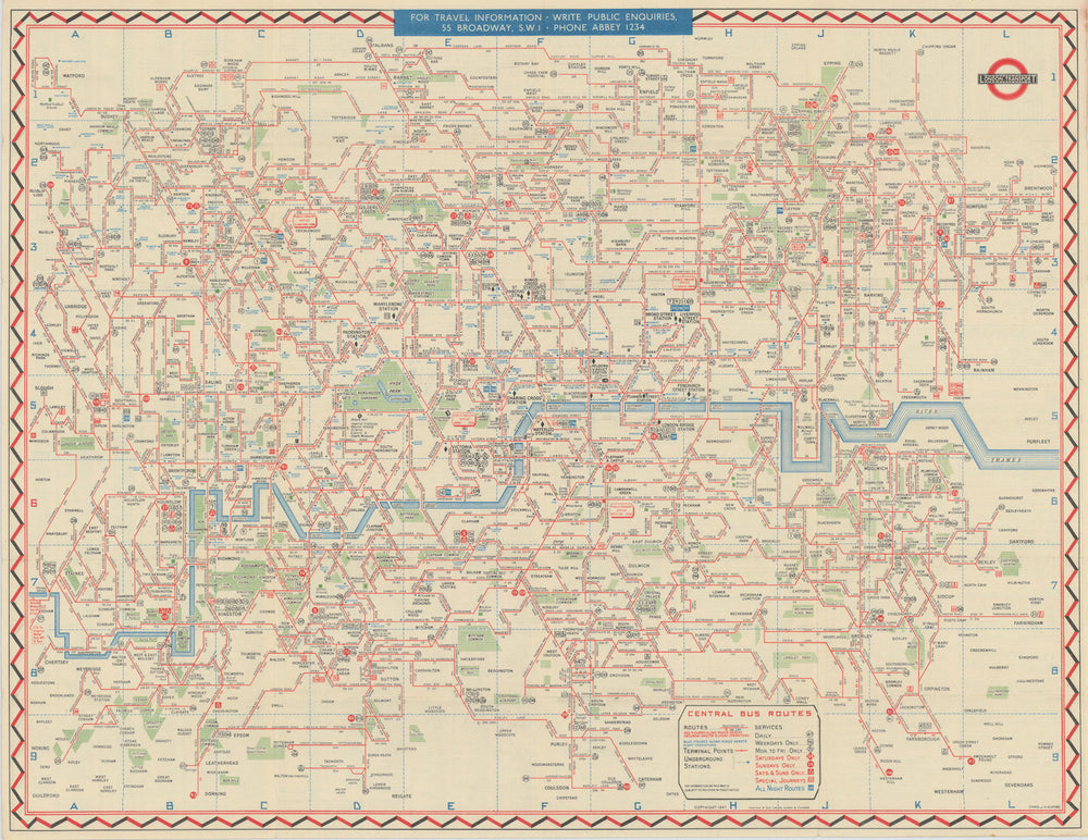 London Transport Bus map Central Area. ELSTON. #1 1947 old vintage chart
