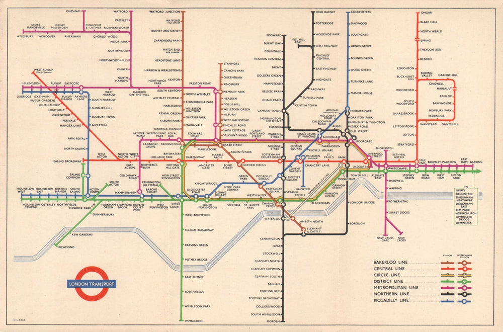 LONDON UNDERGROUND diagram of lines tube plan map. South Acton. HARRY BECK 1953
