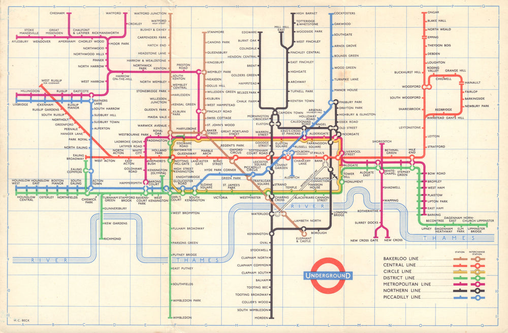 LONDON UNDERGROUND tube map plan No South Acton. Aylesbury Ongar HARRY BECK 1959