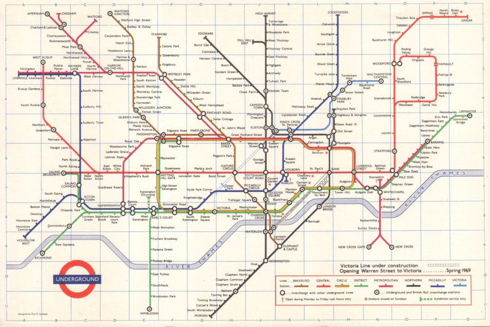 LONDON UNDERGROUND tube map. Victoria Line under construction. GARBUTT #3 1968