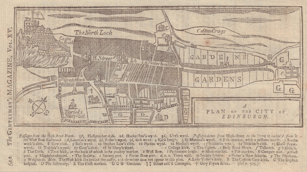A Plan of the City of Edinburgh. GENTLEMAN'S MAGAZINE 1745 old antique map