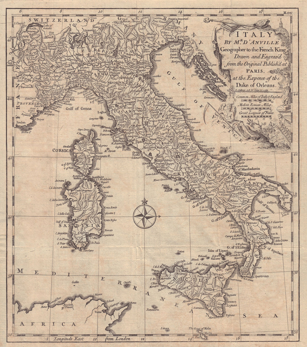 Italy by Mr D'Anville Geographer to the French King. GENTS MAG 1747 old map