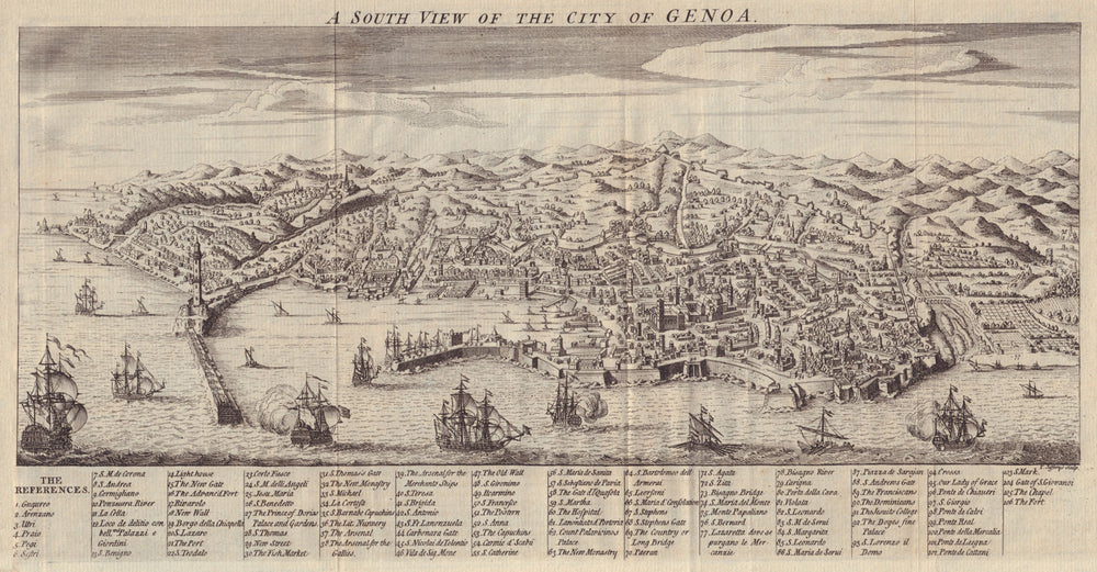 A South View of the City of Genoa. Italy. JEFFERYS / GENTS MAG 1747 old map