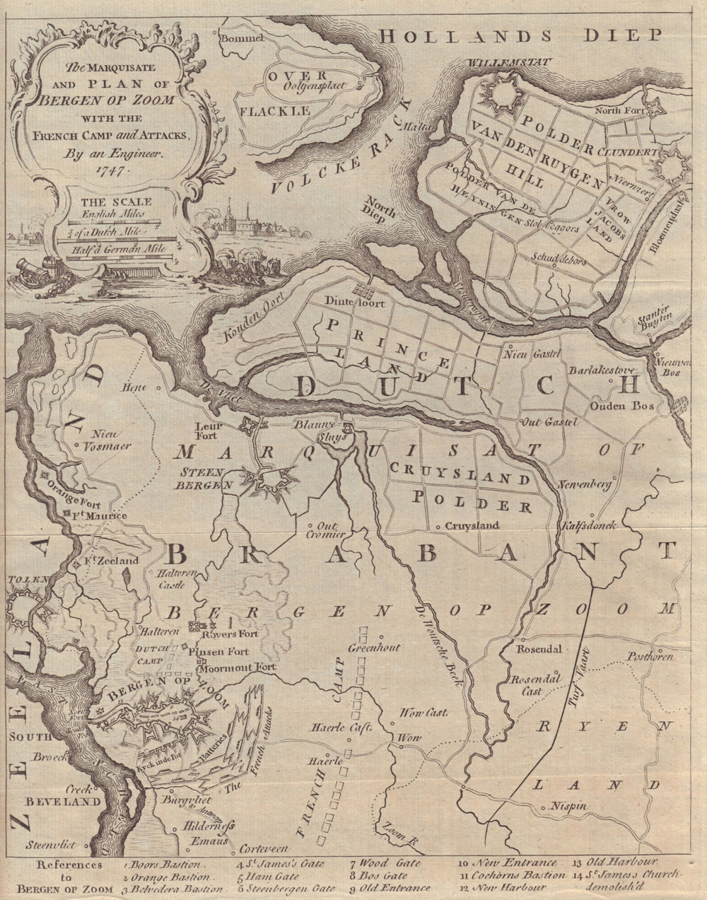 The Marquisate & Plan of Bergen Op Zoom with the French Camp… GENTS MAG 1747 map