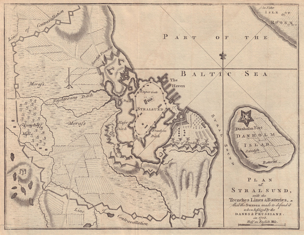 Plan of Stralsund with the Trenches Lines & Batteries… GENTS MAG 1758 old map