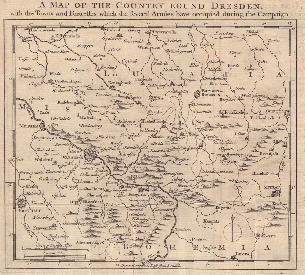 A Map of the Country round Dresden… Meissen Freiberg Zittau GENTS MAG 1758