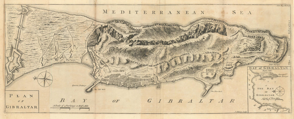 Plan of Gibraltar by John Gibson. Gentleman's Magazine 1762 old antique map