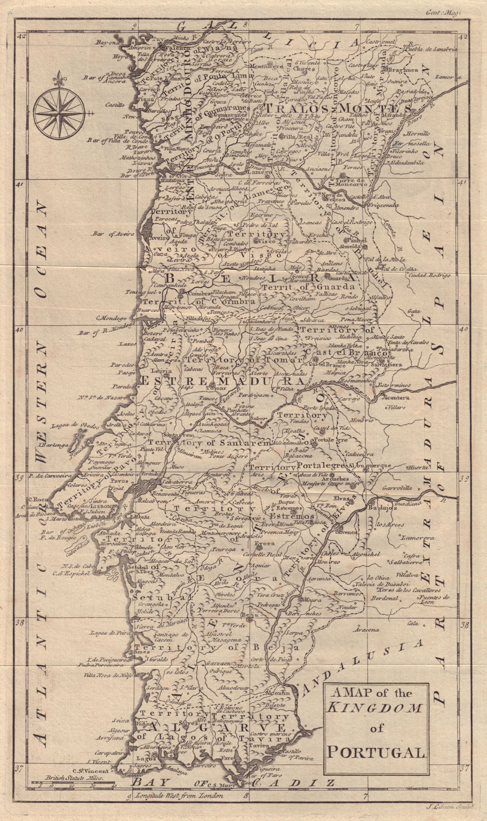A Map of the Kingdom of Portugal by John Gibson. Gentleman's Magazine 1762