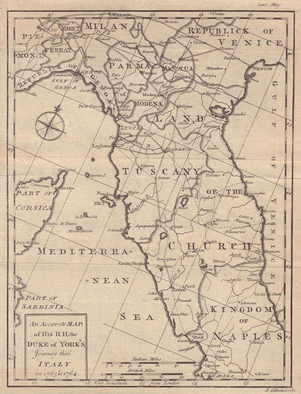 An Accurate Map of His RH the Duke of York's journey thro Italy… GIBSON 1764