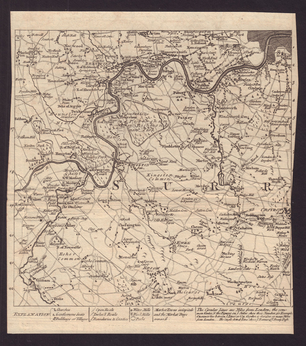 SW London & Surrey. Richmond Wandsworth Merton Kensington. GENTS MAG 1764 map