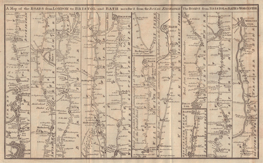 The Roads from London to Bristol & Bath. Worcester Gloucester GENTS MAG 1765 map