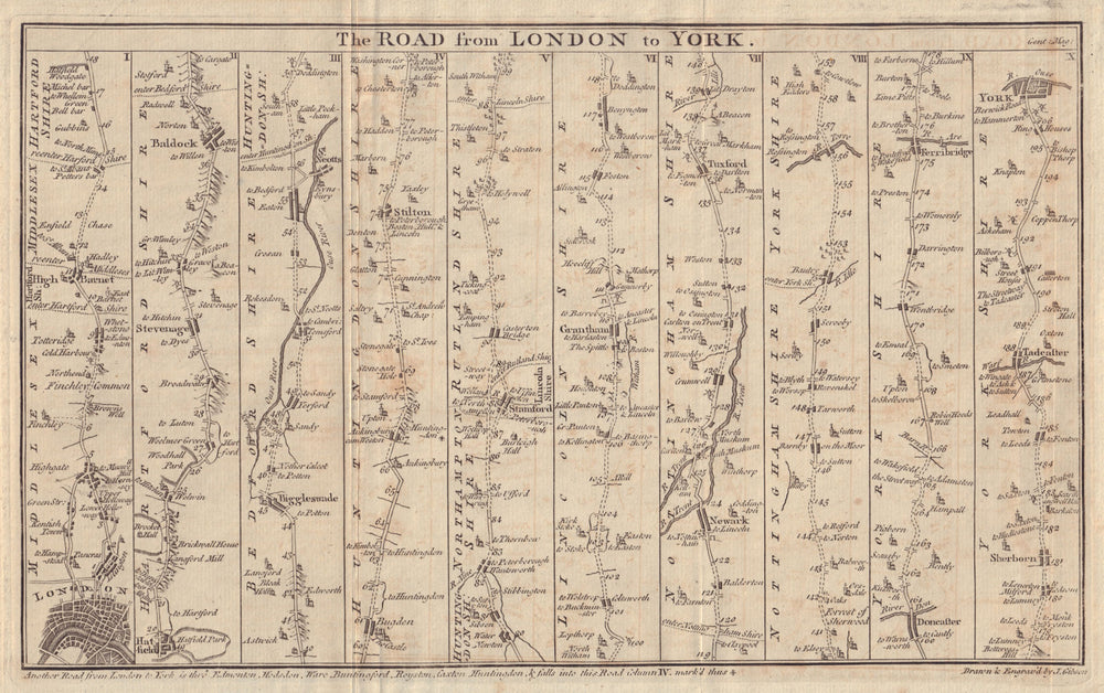 London-Barnet-Stevenage-Grantham-Doncaster-York road strip map. GIBSON 1766