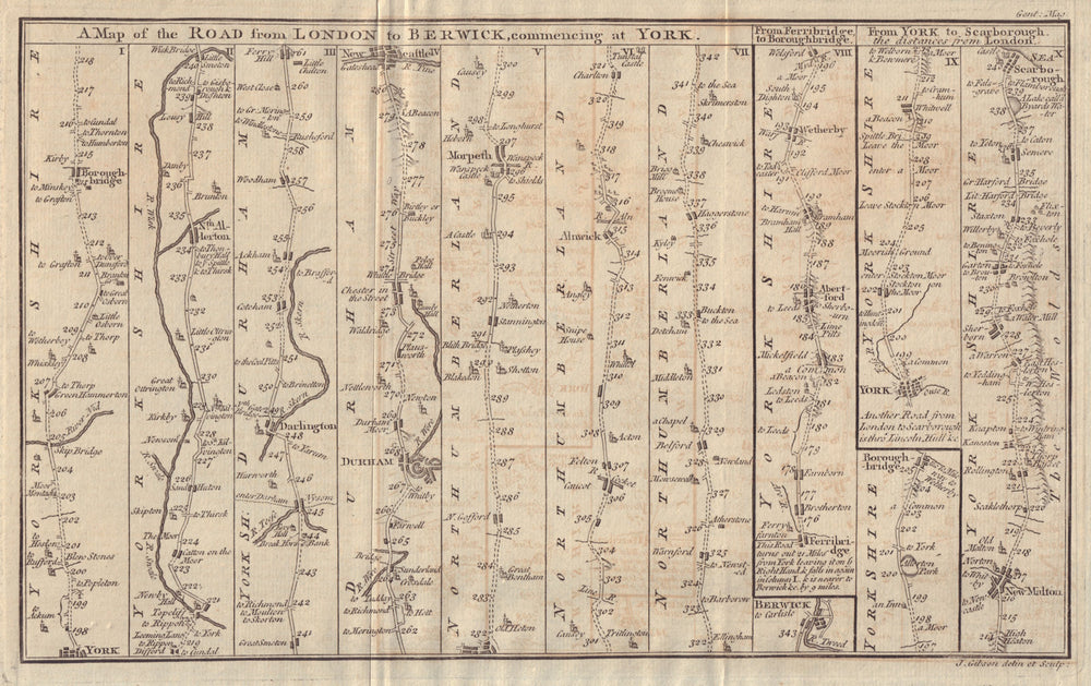 The Road from York to Berwick, Durham & Scarborough. Ferrybridge GIBSON 1766 map