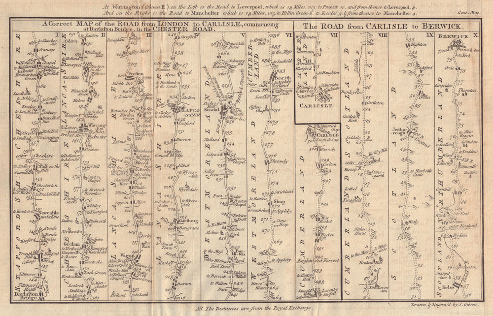 The Road… to Wigan Preston Lancaster Kendal Carlisle & Berwick. GIBSON 1766 map