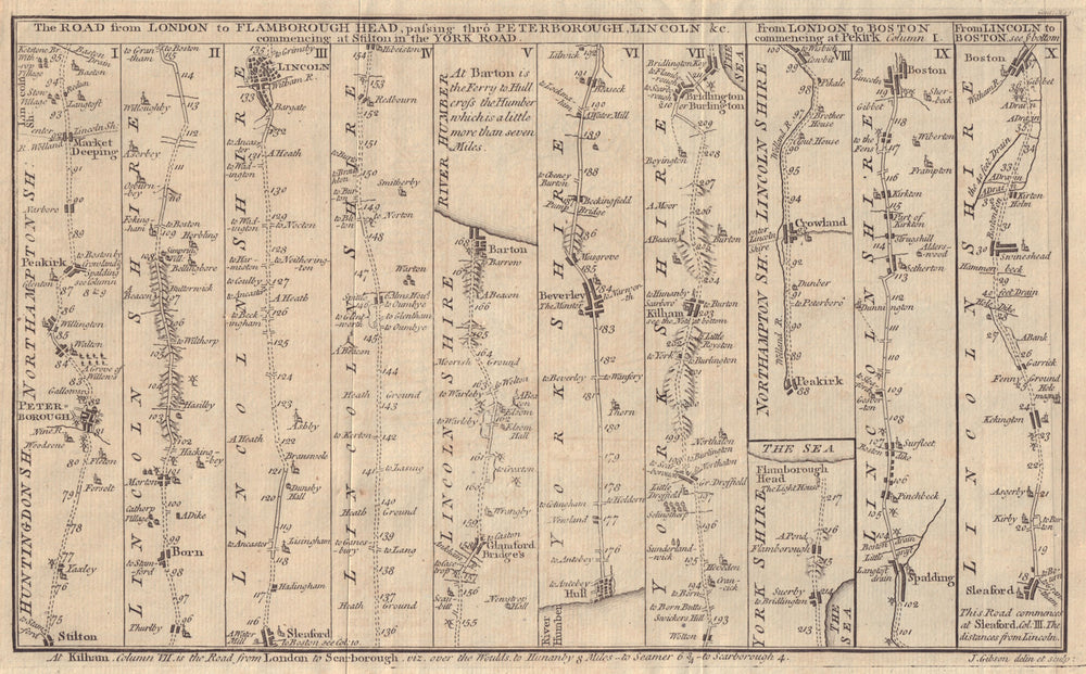 The Road from Peterborough to Lincoln Hull Beverley Bridlington. GIBSON 1766 map