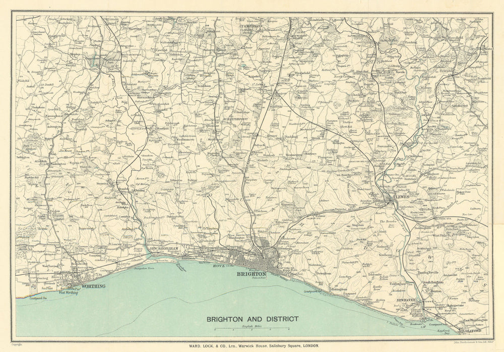 BRIGHTON & environs. Worthing Lewes Hove Shoreham. Sussex. South Downs 1922 map