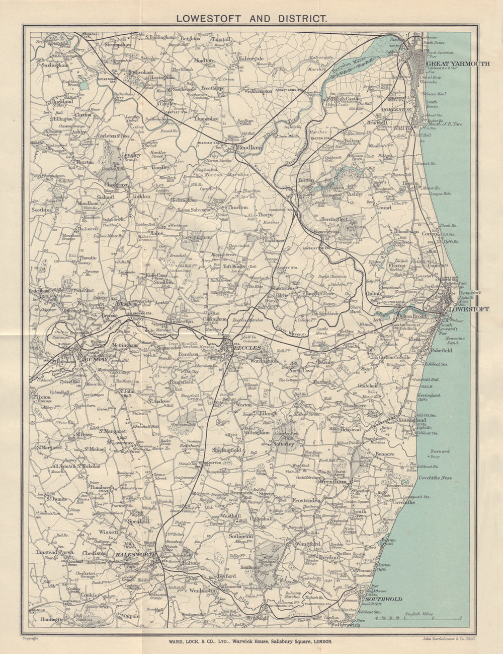 LOWESTOFT area Great Yarmouth Beccles Southwold. Norfolk/Suffolk Broads 1919 map