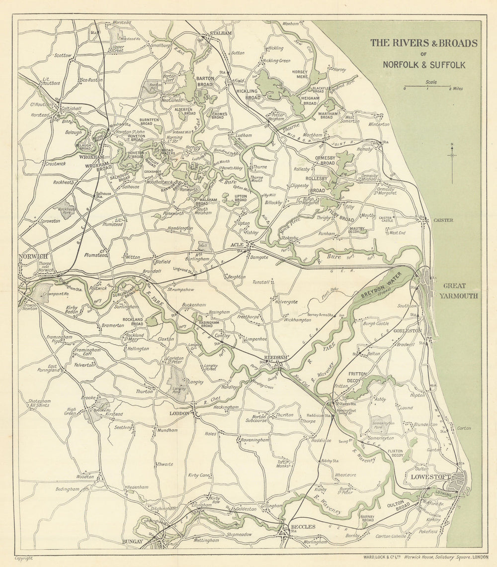 THE NORFOLK BROADS. Great Yarmouth Lowestoft Beccles Norwich. WARD LOCK 1919 map