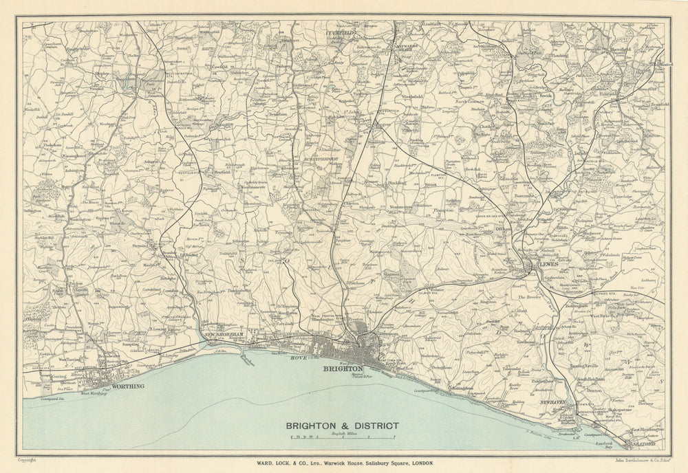 BRIGHTON & environs. Worthing Lewes Hove Shoreham. Sussex. South Downs 1910 map