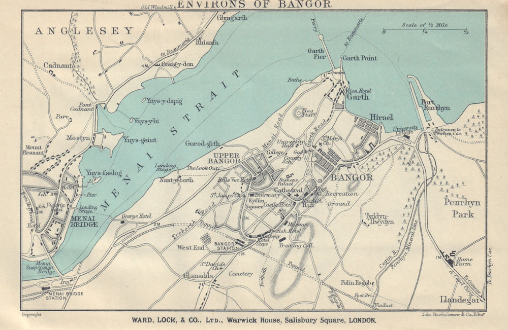 BANGOR vintage town/city plan. Menai Bridge. Wales. WARD LOCK 1913 old map