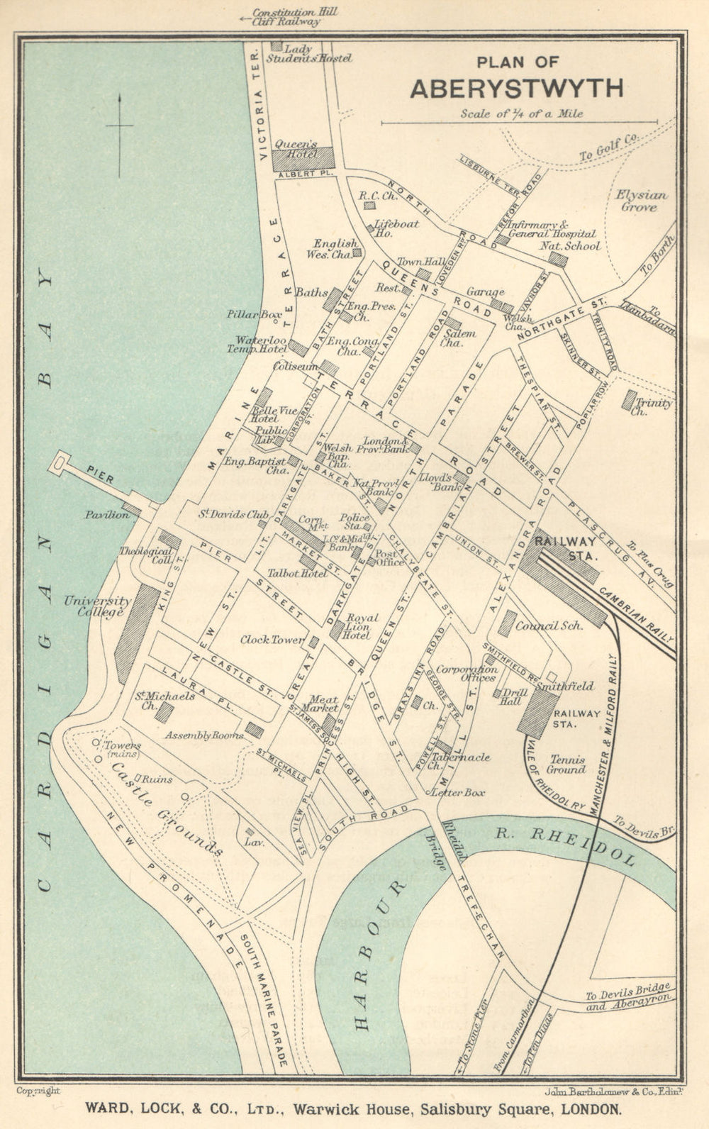 ABERYSTWYTH vintage town/city plan. Wales. WARD LOCK 1919 old antique map