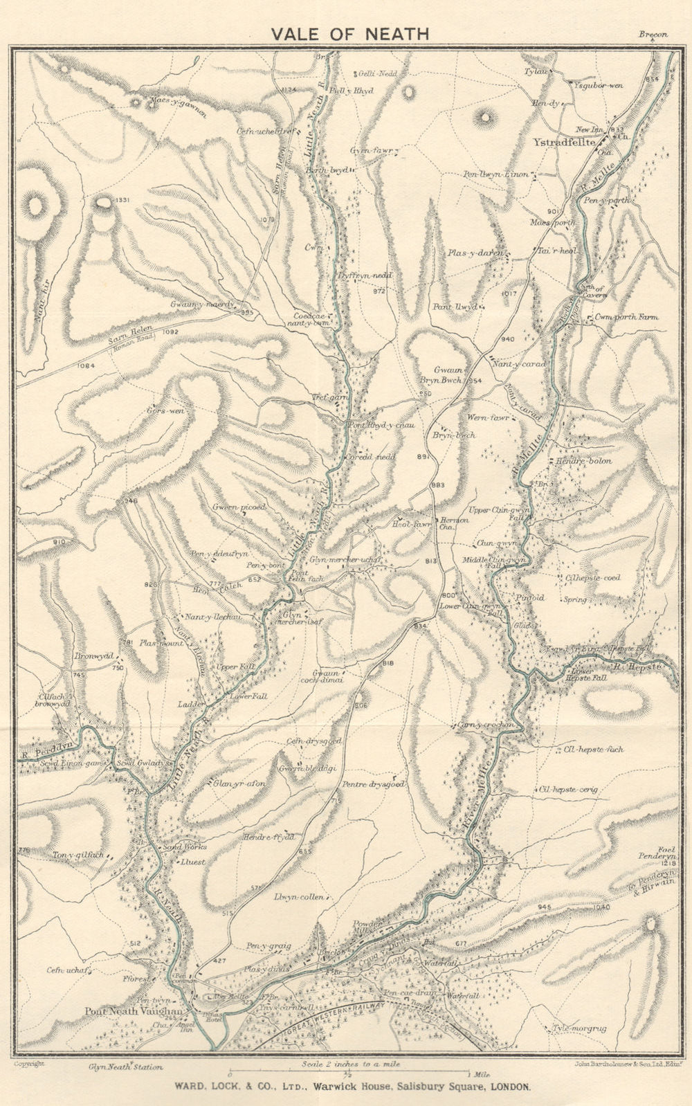 VALE OF NEATH vintage tourist map. South Wales valleys. WARD LOCK 1925 old