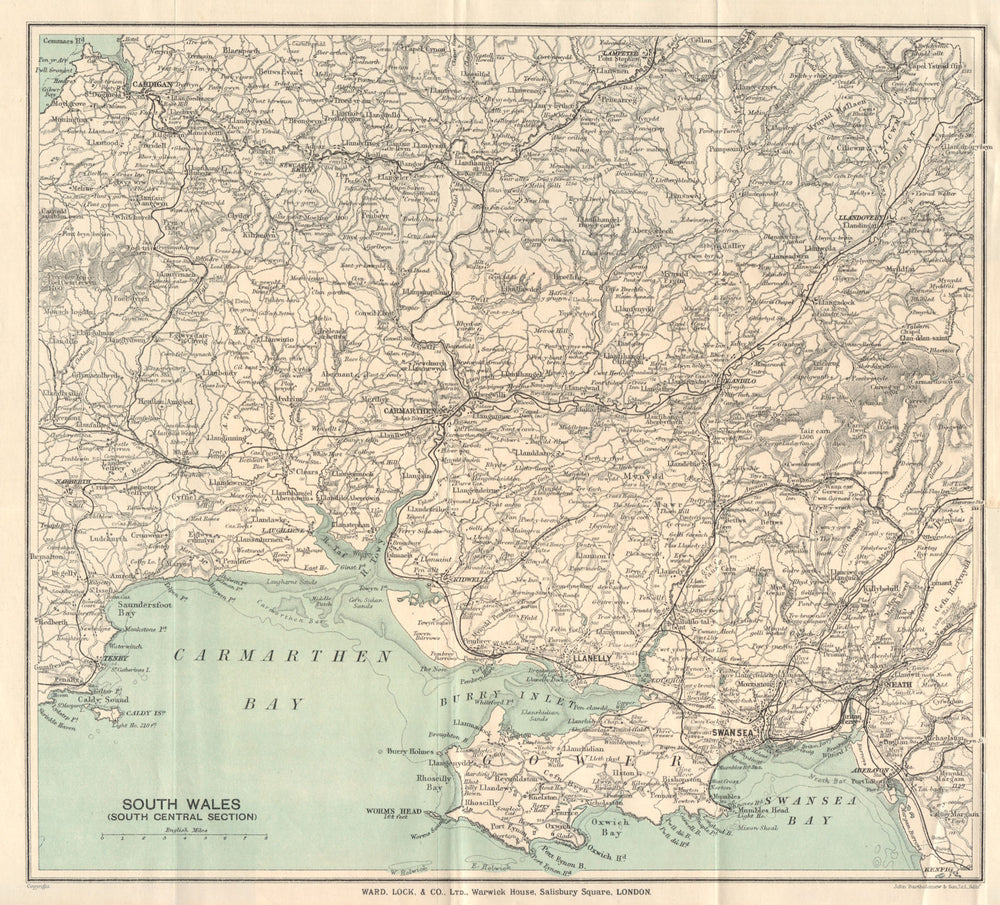 SOUTH WALES Cardigan Swansea Neath Carmarthen Llanelli Tenby. WARD LOCK 1925 map