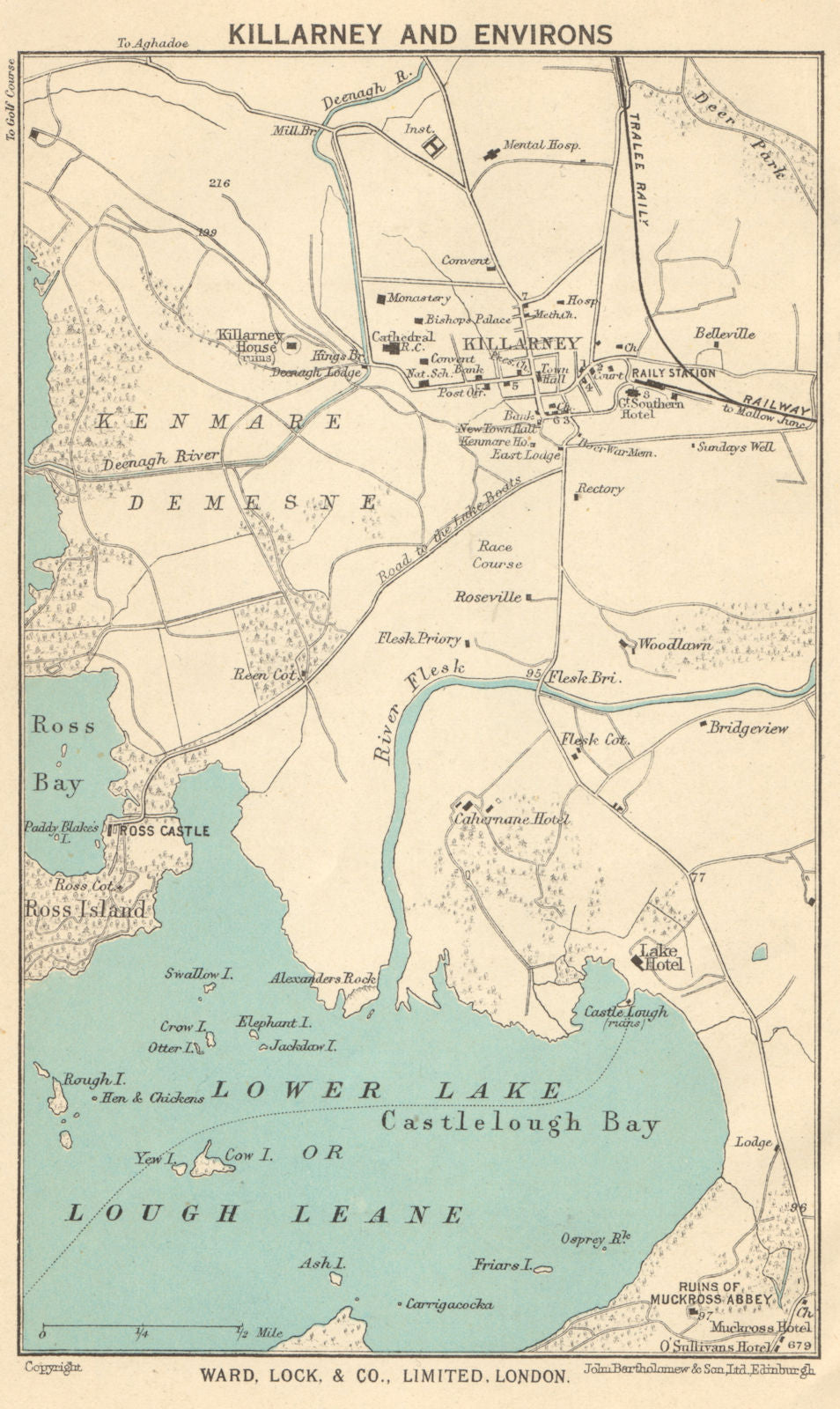 KILLARNEY & environs vintage tourist town city plan. Ireland. WARD LOCK 1951 map