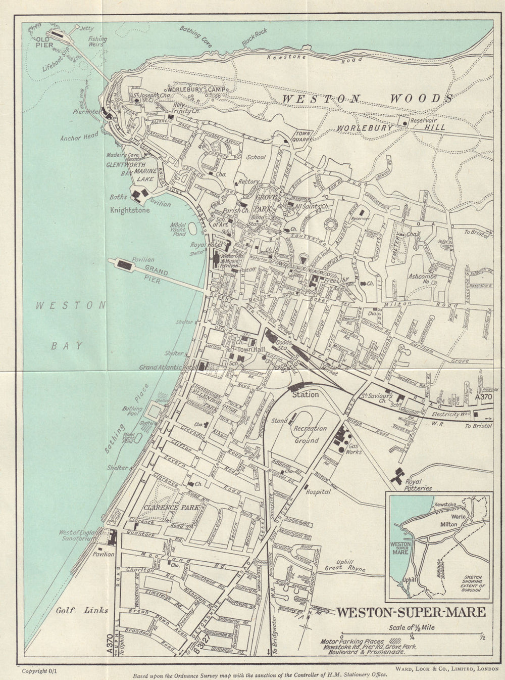 WESTON-SUPER-MARE vintage tourist town city plan. Somerset. WARD LOCK 1929 map