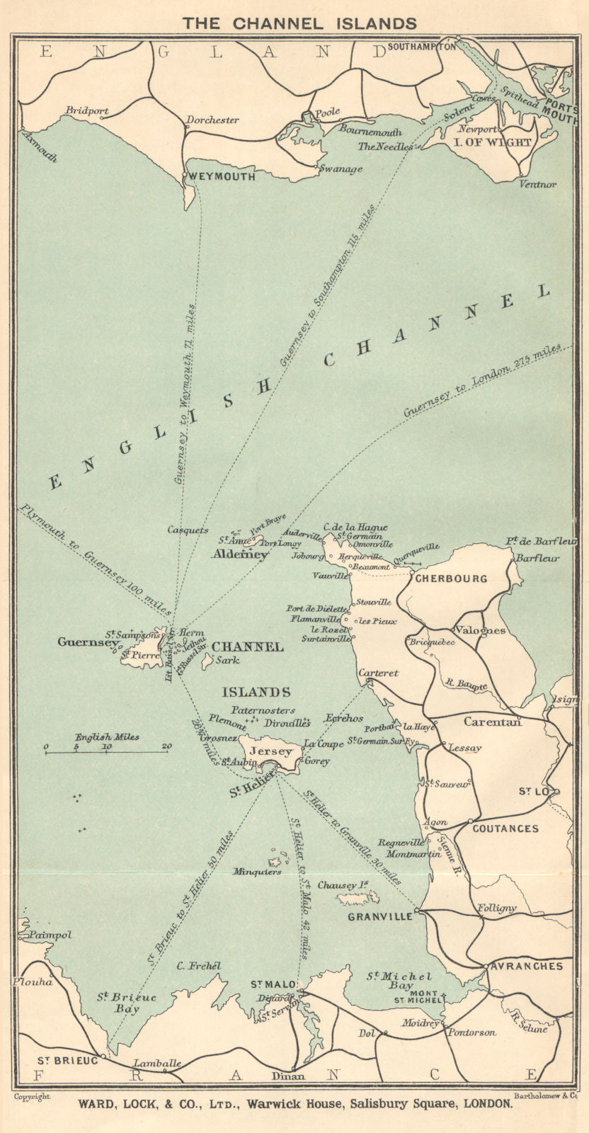 Ferry routes to the CHANNEL ISLANDS. Jersey Guernsey. WARD LOCK 1911 old map