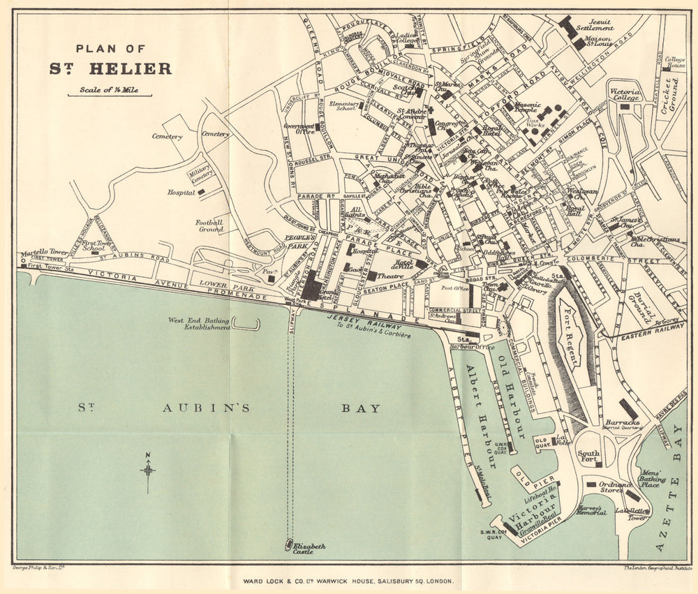 ST. HELIER vintage town/city plan. Jersey Channel Islands. WARD LOCK 1911 map