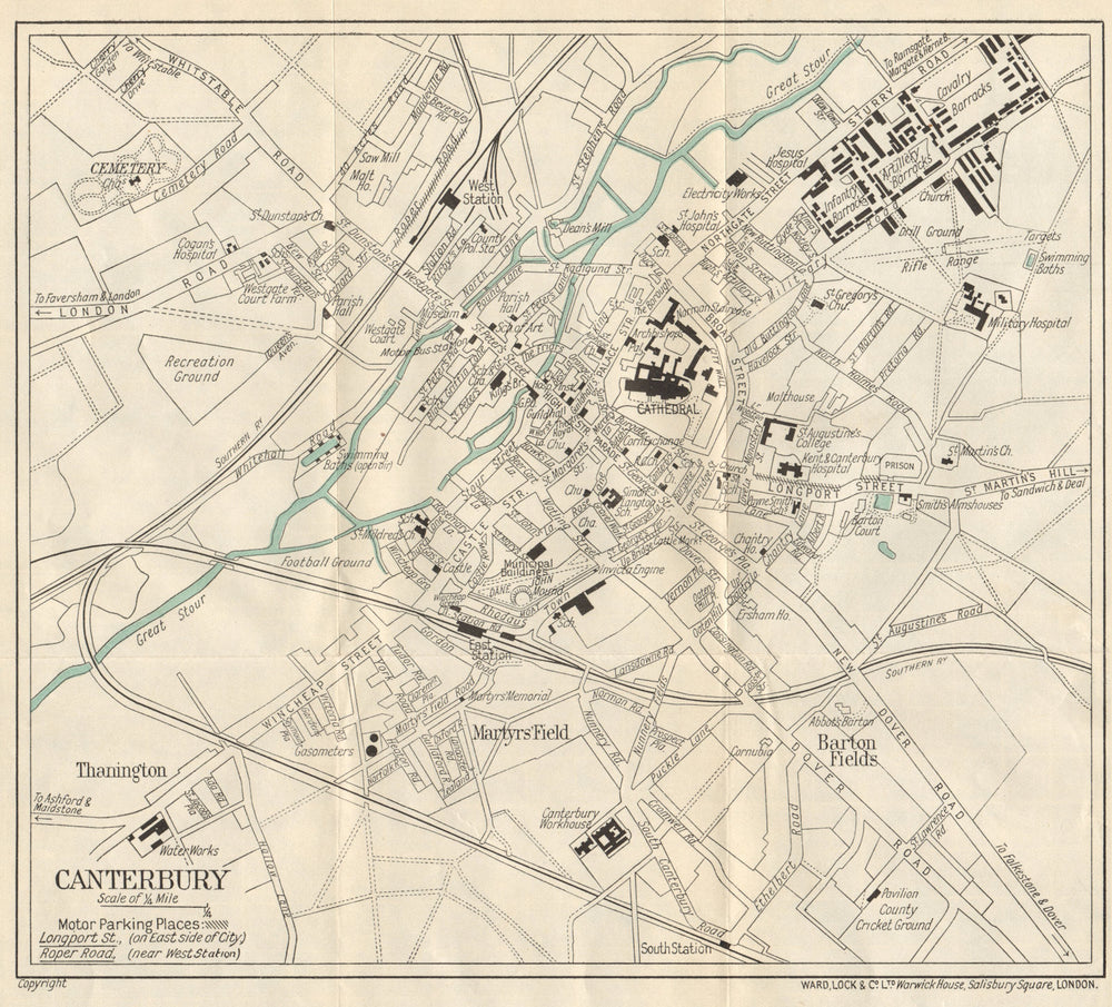 CANTERBURY vintage tourist town city plan. Kent. WARD LOCK 1929 old map