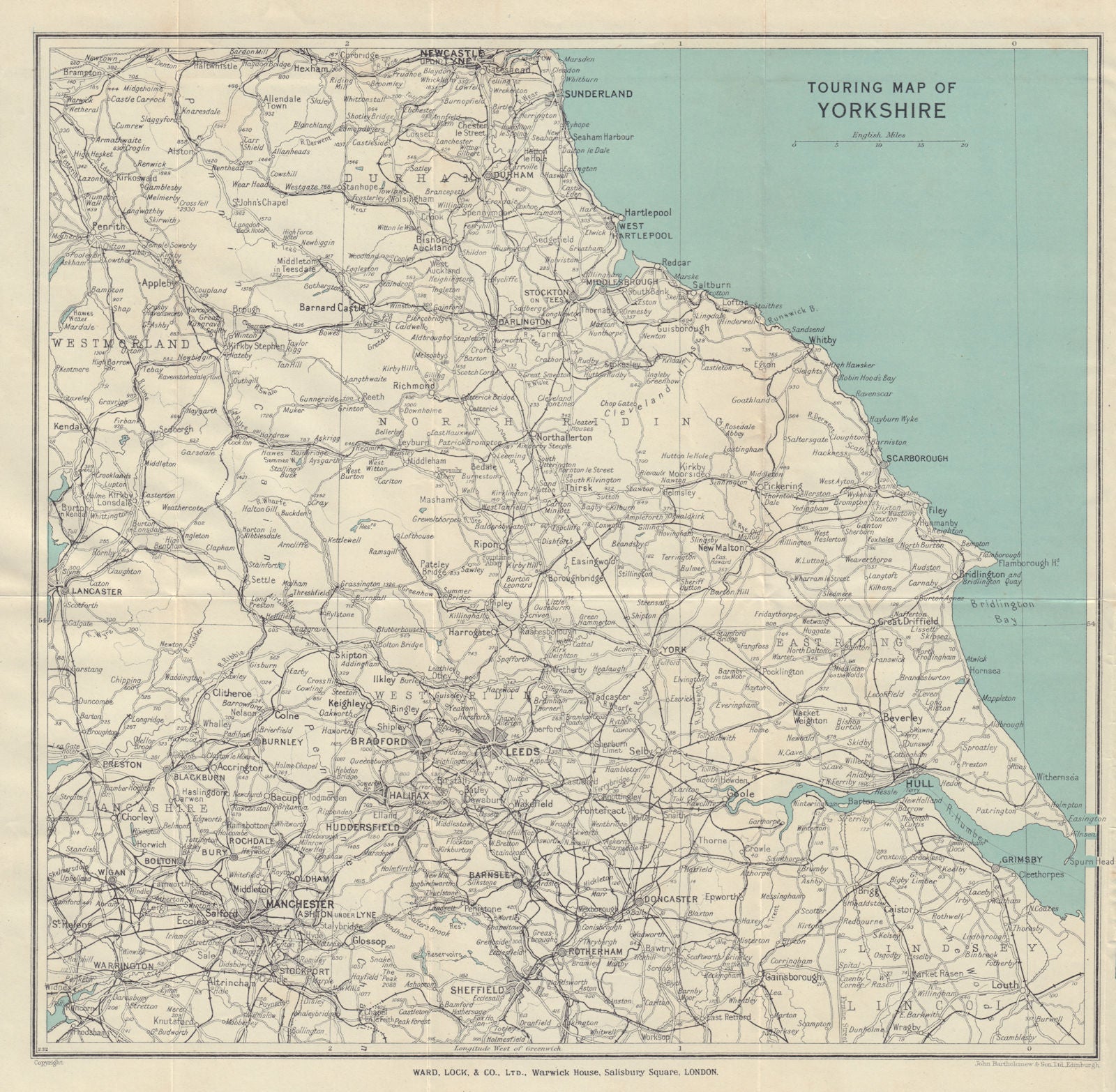 TOURING MAP OF YORKSHIRE & Northern England. Pre-motorways. WARD LOCK ...