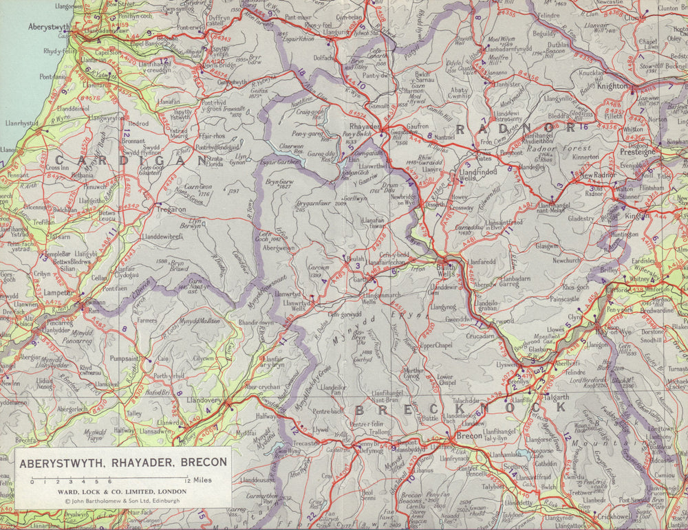 Central Wales. Aberystwyth Rhayader Brecon Presteigne. WARD LOCK 1966 old map