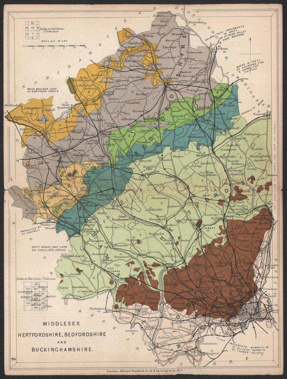 MIDDLESEX HERTFORDSHIRE BEDFORDSHIRE & BUCKS Geological. STANFORD 1907 old map