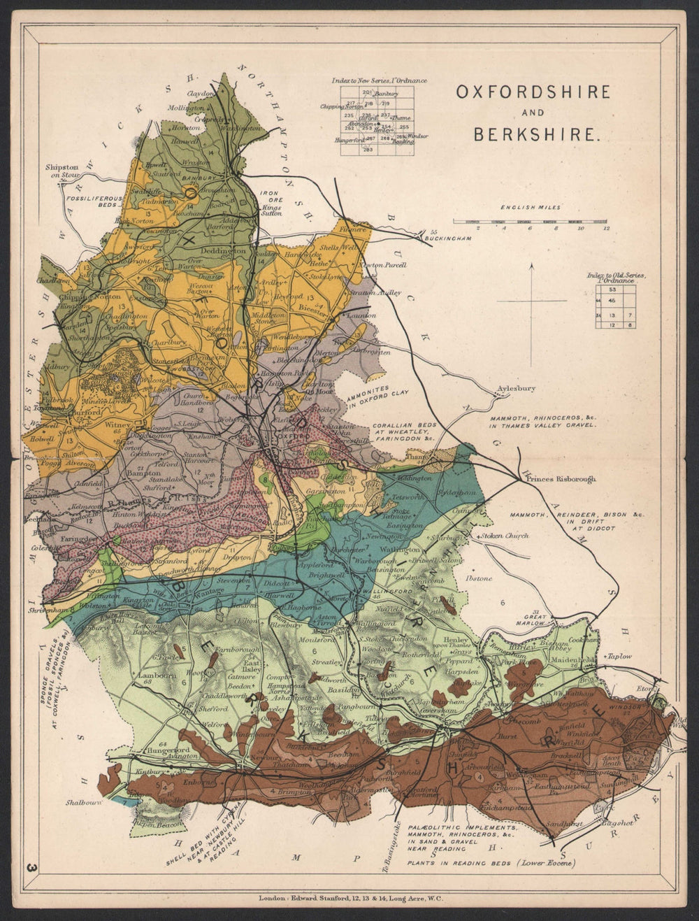 OXFORDSHIRE AND BERKSHIRE Geological map. STANFORD 1907 old antique chart