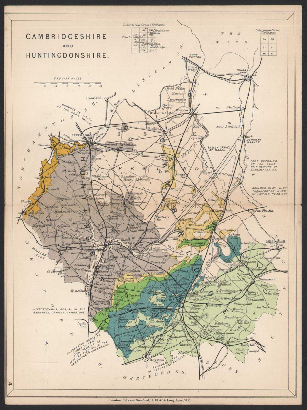 CAMBRIDGESHIRE AND HUNTINGDONSHIRE Geological map. STANFORD 1907 old