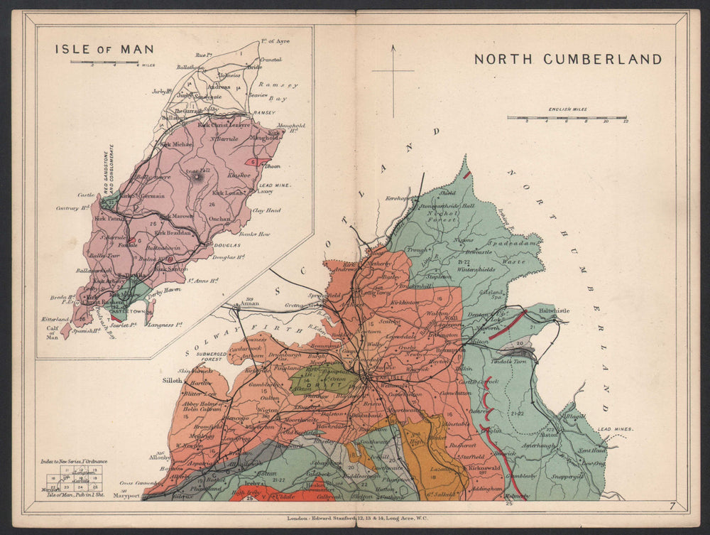 CUMBRIA North Cumberland; Inset Isle of Man. Geological map. STANFORD 1907