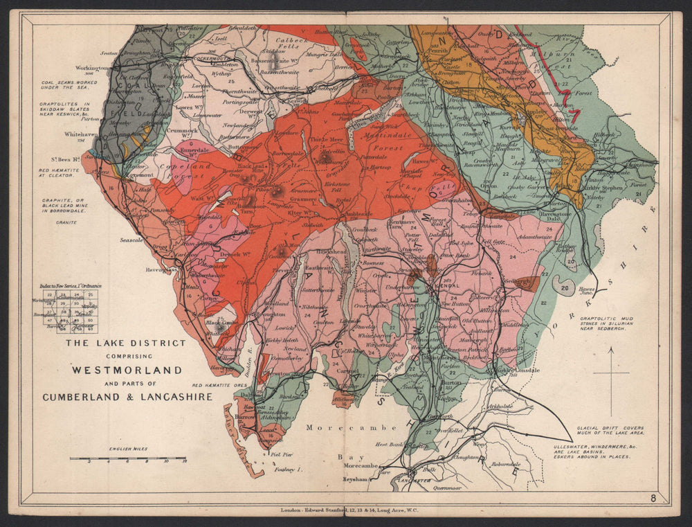 LAKE DISTRICT Westmoreland Cumberland Lancashire. Geological. STANFORD 1907 map