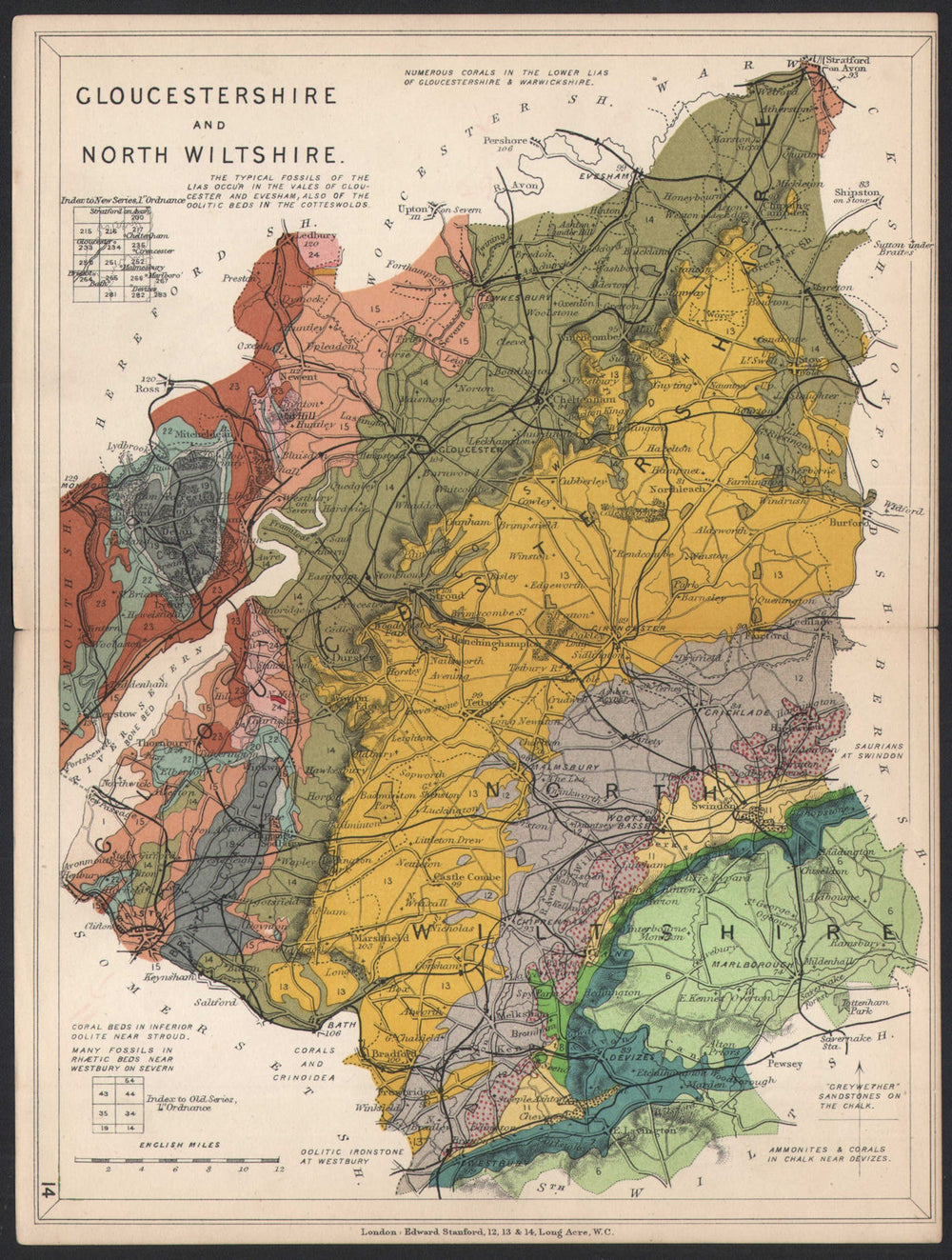 GLOUCESTERSHIRE AND NORTH WILTSHIRE Geological map. STANFORD 1907 old