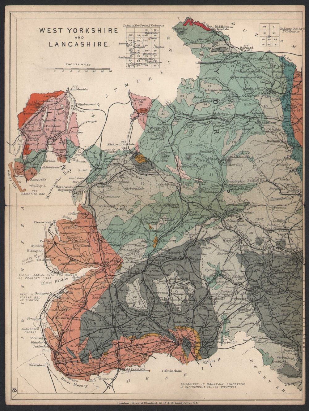WEST YORKSHIRE AND LANCASHIRE Geological map. STANFORD 1907 old antique