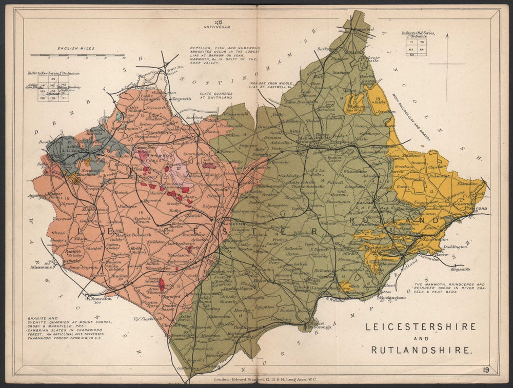 LEICESTERSHIRE AND RUTLANDSHIRE Geological map. STANFORD 1907 old antique