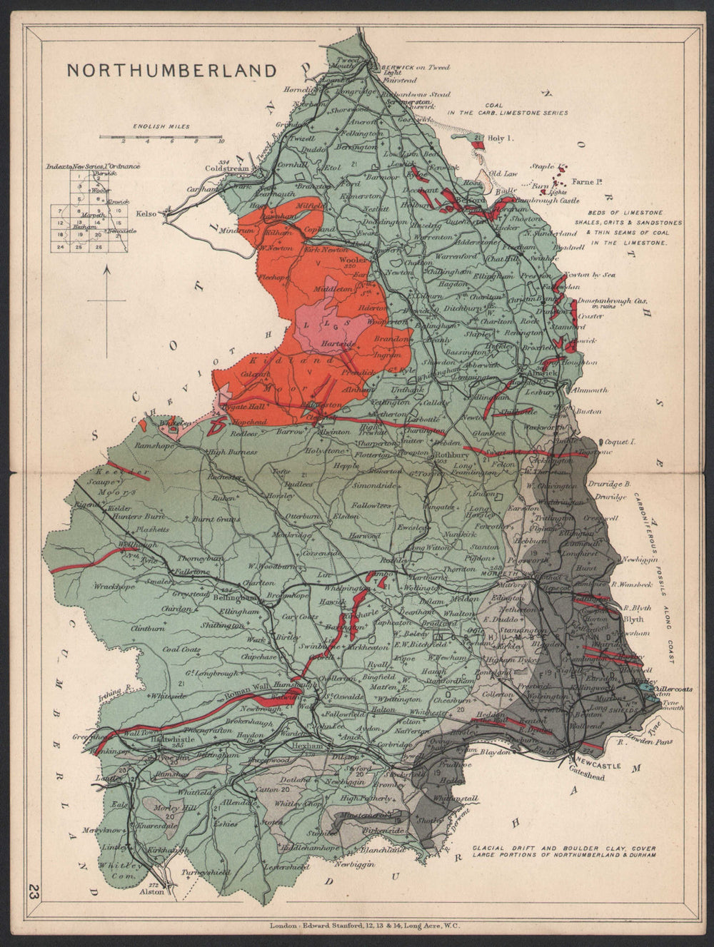 NORTHUMBERLAND Geological map. STANFORD 1907 old antique plan chart