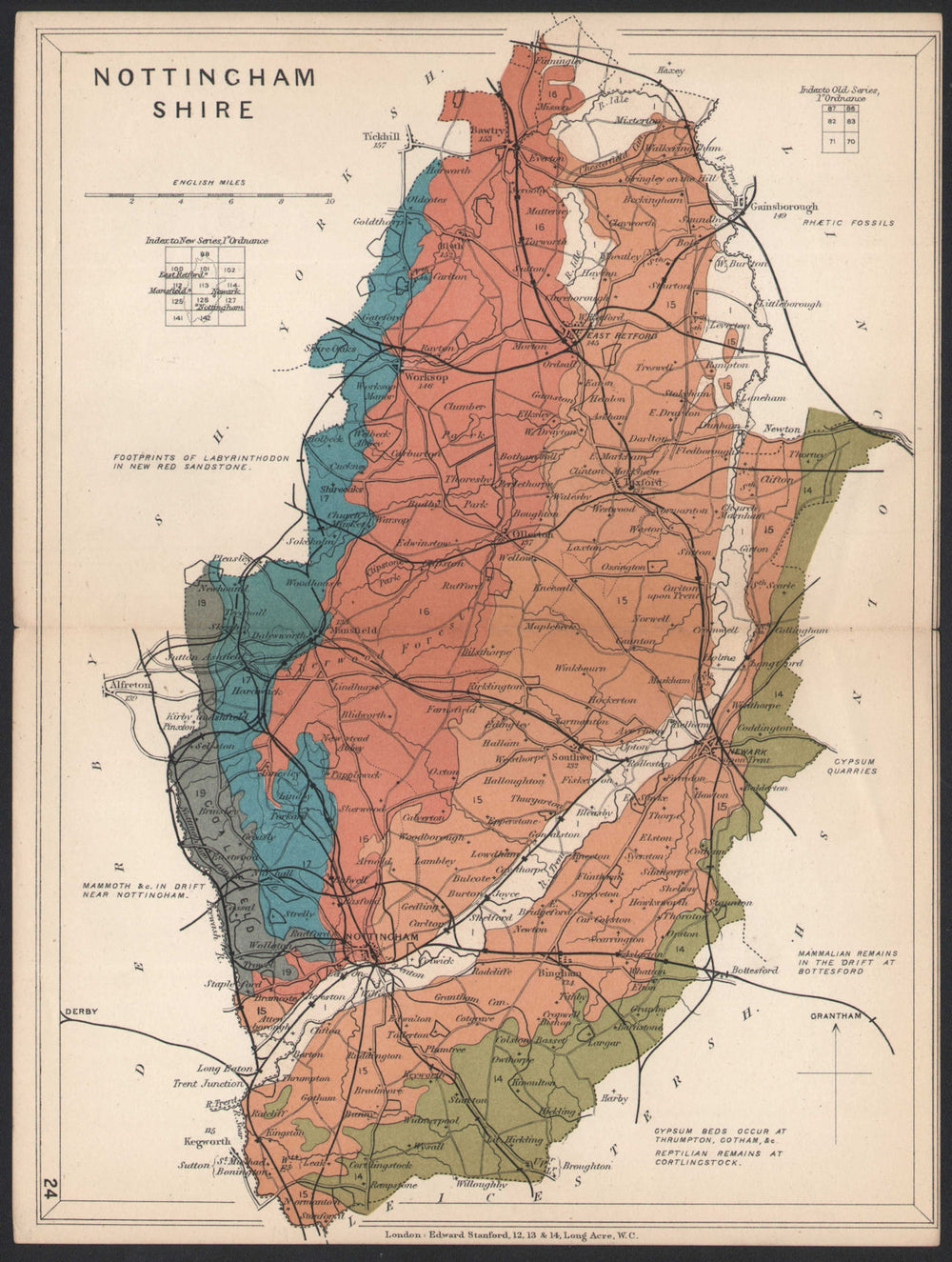NOTTINGHAMSHIRE Geological map. STANFORD 1907 old antique plan chart